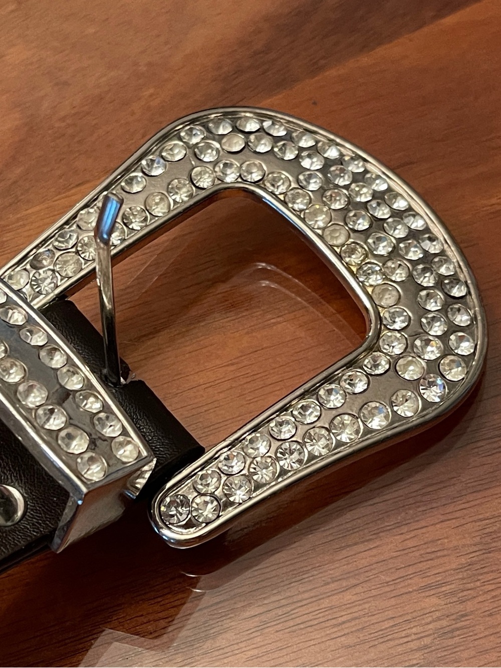 Crystal-Embellished Silver Buckle Leather Belt - Black